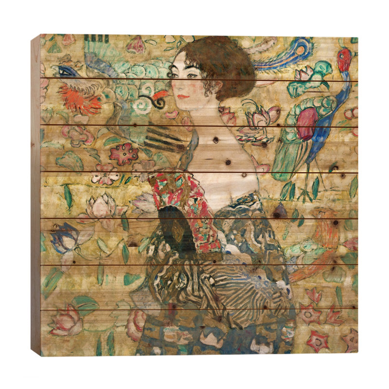 «Lady with a fan» par Gustav Klimt - Impression sur bois sans cadre