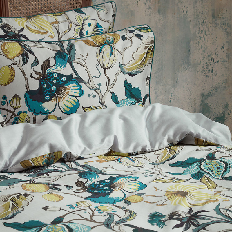 Cotton Floral Duvet Cover Set with Pillowcases, Yellow/Green, Kingsize - 2 Standard Pillowcases