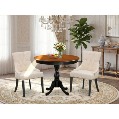 L'ensemble de table de salle à manger 3 pièces se compose d'une table de cuisine et de 2 chaises rembourrées en tissu de lin beige clair avec dossier capitonné - Finition noire