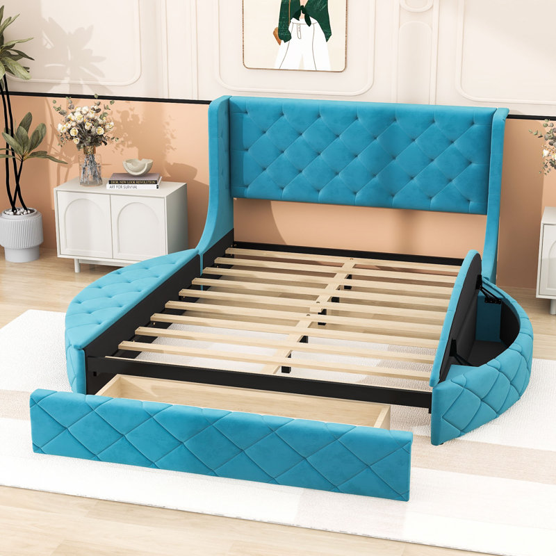 Lit plateforme tapissier grand en velours avec tête de lit à oreilles et 1 grand tiroir, 2 tabourets de rangement latéraux