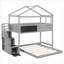 Structure de lit superposé en pin massif, gris neutre, conception simple au dessus d'une chambre double avec escalier de rangement et tableau noir pour chambre d'enfant