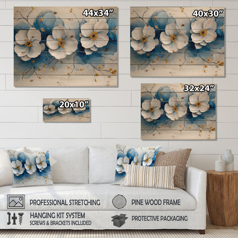 Velours cerisier en fleurs bleu Simplicity III - impression sur bois de cerisier en fleurs - sur bois de pin naturel