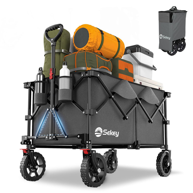 Chariot pliable Sekey 220l pliable avec une capacité de poids de 330 lb, chariot pliant robuste avec de grandes roues tout-terrain et porte-boissons (gris)