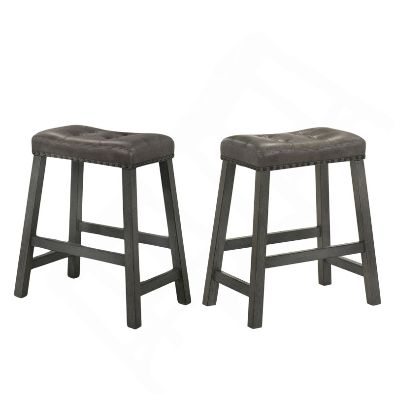 Set Of 2 Rustic Counter Stools, 25-Inch Backless Wooden Farmhouse Barstools With Faux Leather Seat, Distressed Finish, Space-Saving Design