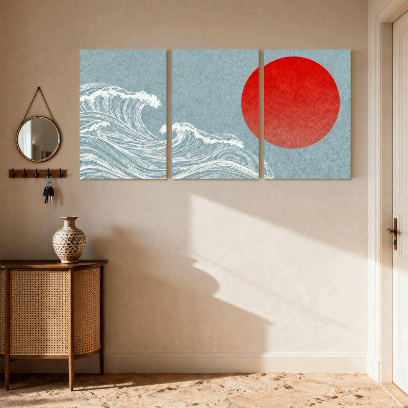 Ensemble de 3 impressions sur toile, "Nautical & Beach Wave" sur fond de soleil rouge, H 18 po x l 36 po