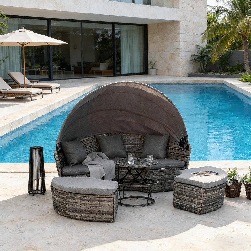 Élégant ensemble de meubles de patio convertible, lit de jour rond en rotin pour l'extérieur, Gris, Gris