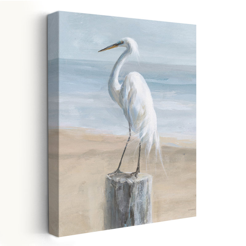 Aigrette côtière et plage par la mer, H 24 po x l 16 po