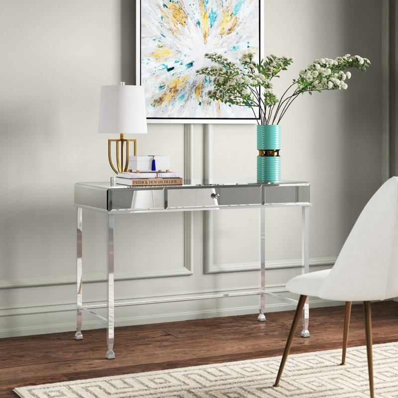 Ruffy Rectangular Writing Desk in Mirrored, White/Silver
