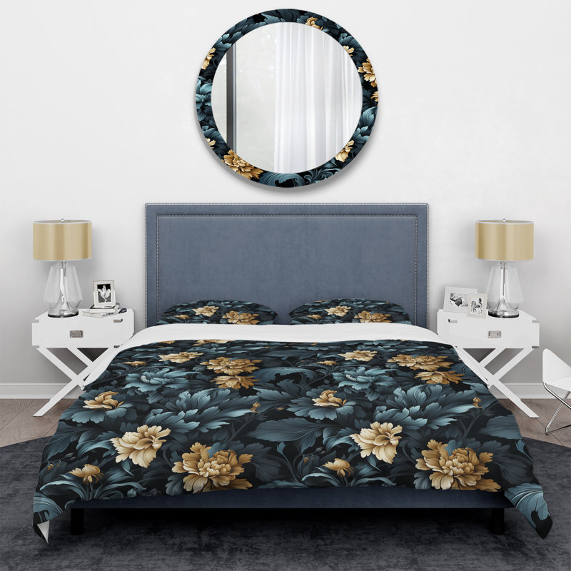 Fleurs de damas bleu foncé - Ensemble de housse de couette damassé, Housse de couette pour grand lit et 2 taies décor