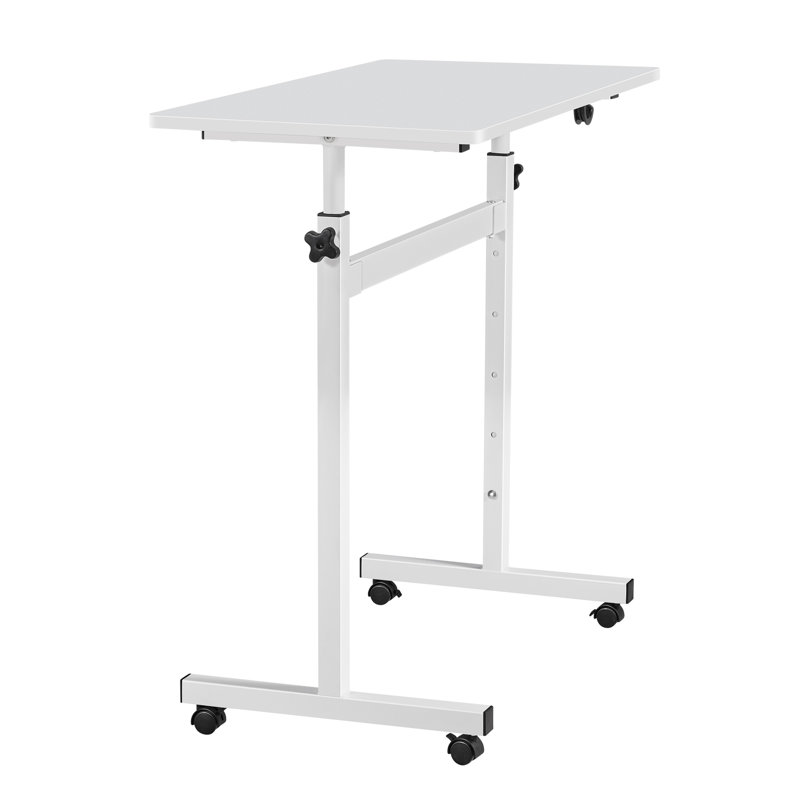 Bureau assis-debout mobile, 81 x 41 cm, avec crochet, capacité de charge de 25 kg, hauteur réglable et roulettes verrouillables, blanc.