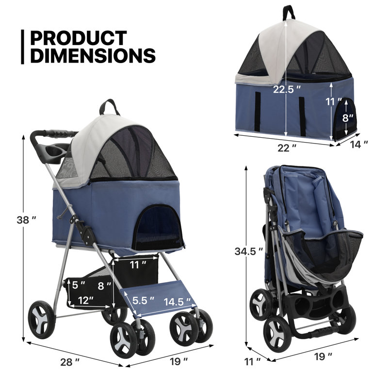 Folding Pet Stroller, Foldable Dog Jogger Stroller with Detachable Carrier, Basket and Cup Holder, Blue