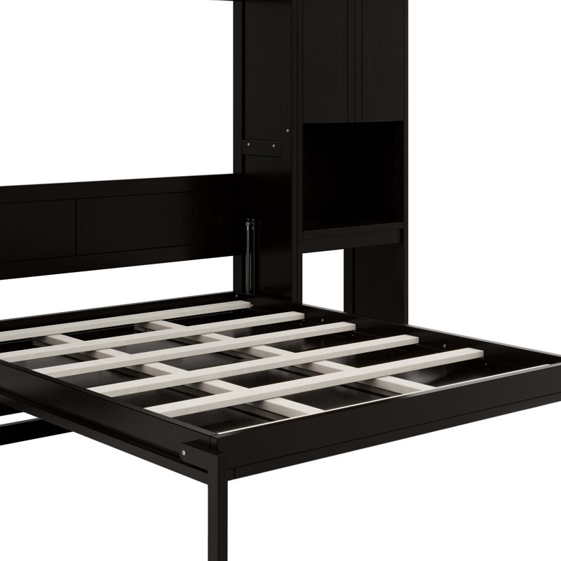 Lit escamotable multifonctionnel avec commode rabattable, armoires de rangement et bureau, Espresso