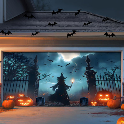 Décoration de porte de garage d'Halloween 7 x 16 pi, avec crochet magnétique et cordon élastique pour une installation facile, grande toile de fond pour porte de garage 2 portes