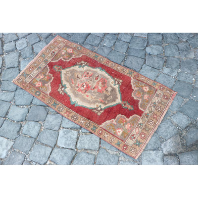 Vintage Distressed Turkish Rug - Small Antique Red Wool Rug Perfect for Bathrooms