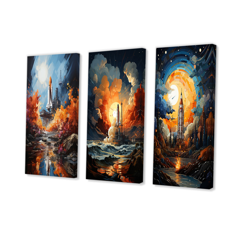 Impressionniste Cosmic Rocket Ship Voyage - Rocketship, ensemble de 3 reproductions d'art sur toile, Toile tendue