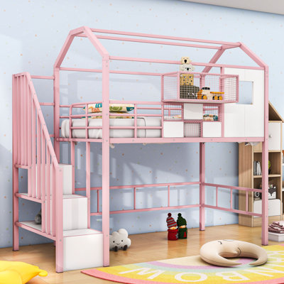 Twin Loft Bed With Stairs, Storage Shelves And Guardrails