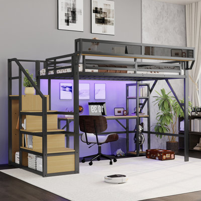 Lit mezzanine double avec bureau et étagères, lit mezzanine en métal avec escalier, armoire, station de recharge et éclairage DEL pour adolescents et enfants, noir