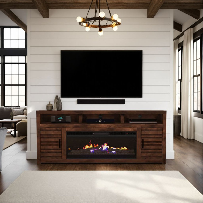 Meuble télé 78 po avec foyer électrique pour téléviseur de 95 po ou moins, assemblage minimal, finition whisky