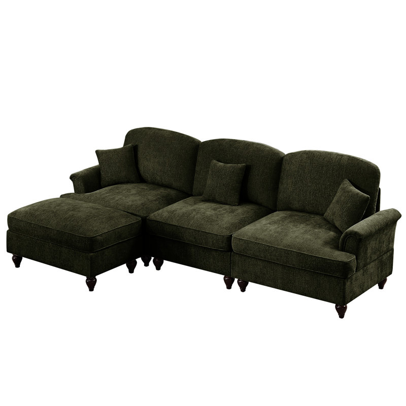 Canapé modulaire en forme de L à trois places Mid-Century avec accoudoirs évasés et volants amovibles, avec jupes plissées et pieds fuselés, canapé à 3 places en chenille confortable avec repose-pieds mobile, vert