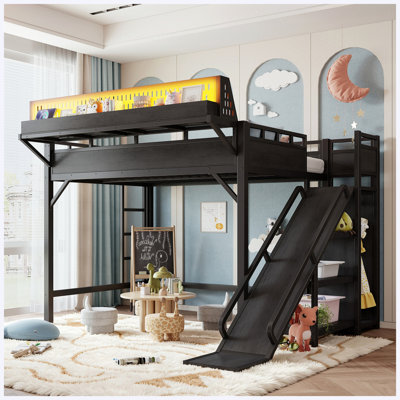 Black Queen Size Metal Loft Bed with Slide, Storage Shelves, Built-in Wardrobe, USB Ports, LED Lights & Pegboard