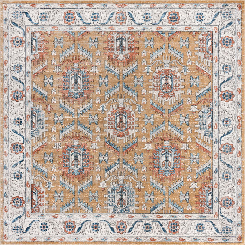 Tapis traditionnel jaune / ivoire, Carré 10 pi