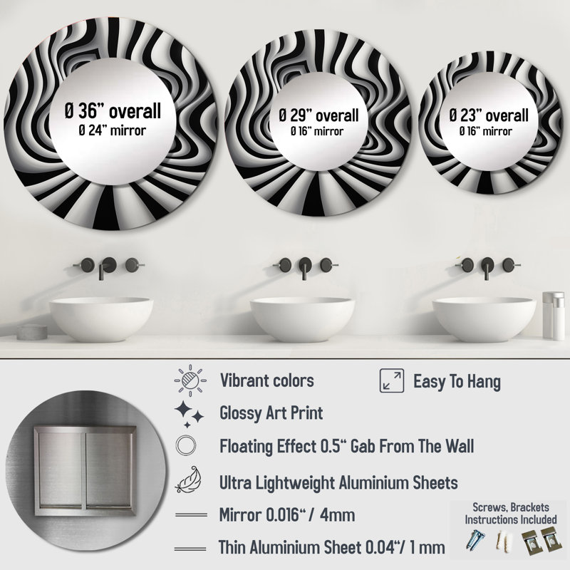 Art mural noir et blanc optique Dream I - Op Art, miroir rond noir, impression sur métal, 36 po x 36 po