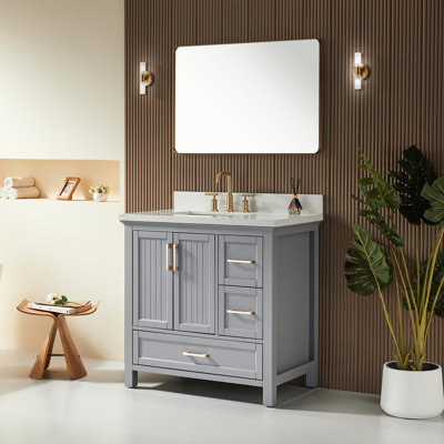 Armoire de salle de bain en bois massif 36 po - Gris, belle apparence meuble-lavabo 34,52 po de hauteur