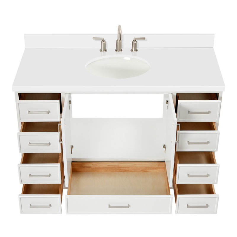 55'' Single Bathroom Vanity with White Quartz Top, White
