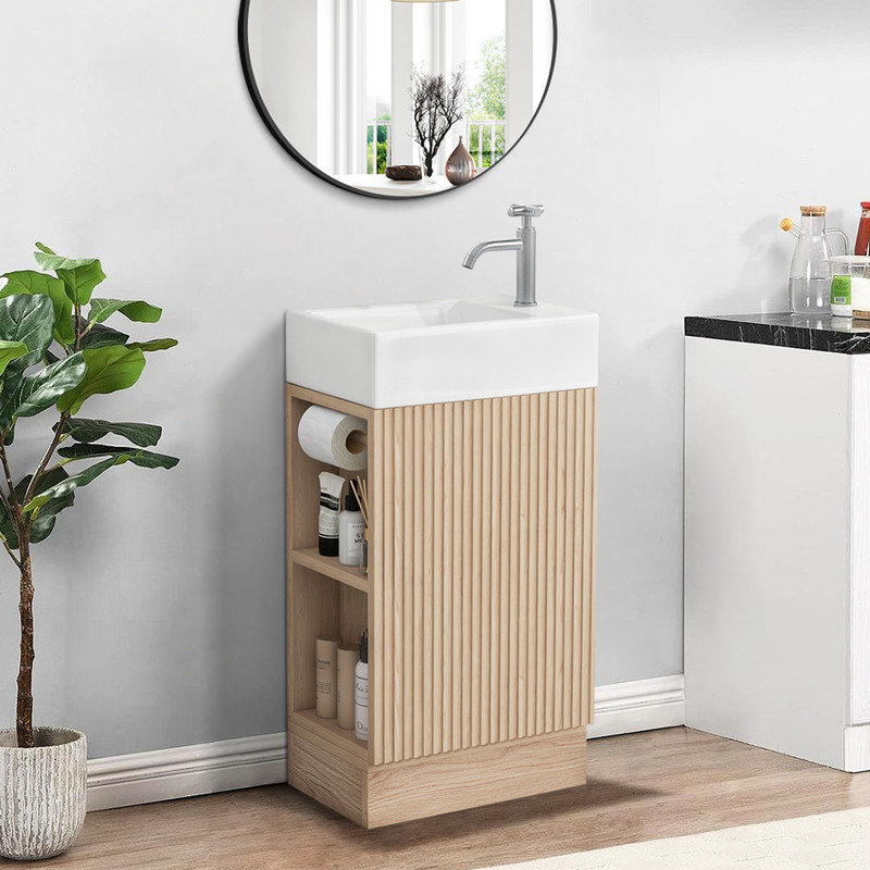 Hearns 18.6" Bathroom Vanity with Ceramic Sink, Vanity with 2-Tier Shelf, Left or Right Orientation, Natural