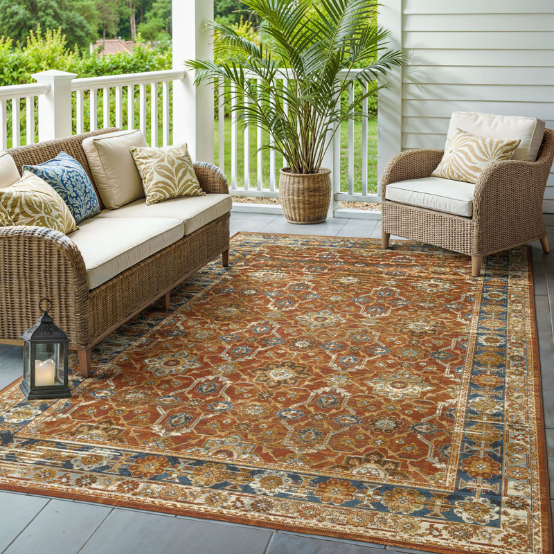 Arjay Distressed Oriental Rust/ Blue Indoor-Outdoor Rug, Rectangle 6'7" x 9'4"