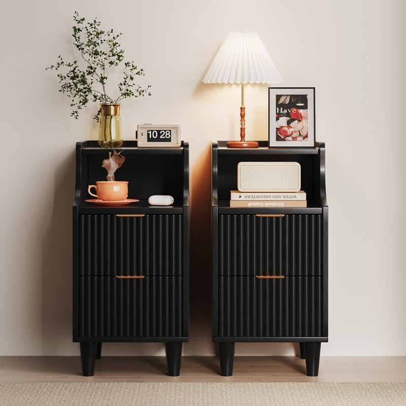 11.8" Fluted Nightstand & Narrow Bedside Table With 2 Drawers Set Of 2, Black