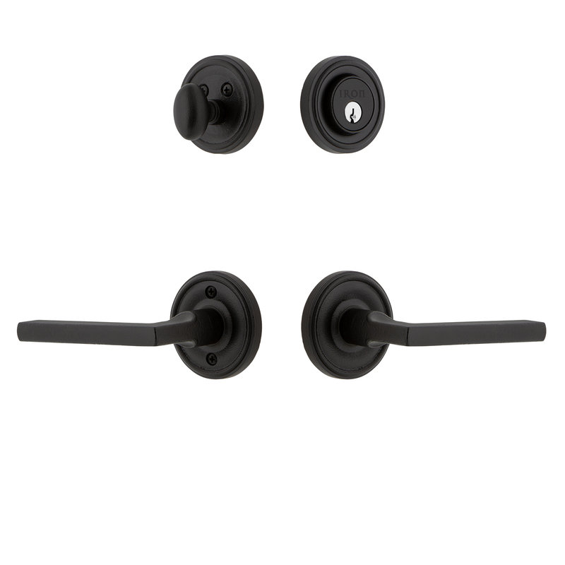 Ensemble de rosette Ageless Iron Loch avec pêne dormant cylindrique simple et levier Dirk, À gauche, 2.375