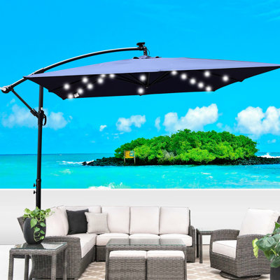 Parasol carré d'extérieur carré 2,5X2,5M avec lumières à DEL à énergie solaire - imperméable, 8 baleines, manivelle, base transversale pour jardin, terrasse, cour, piscine, bleu marine, eau, terrasse de jardin, bord de piscine