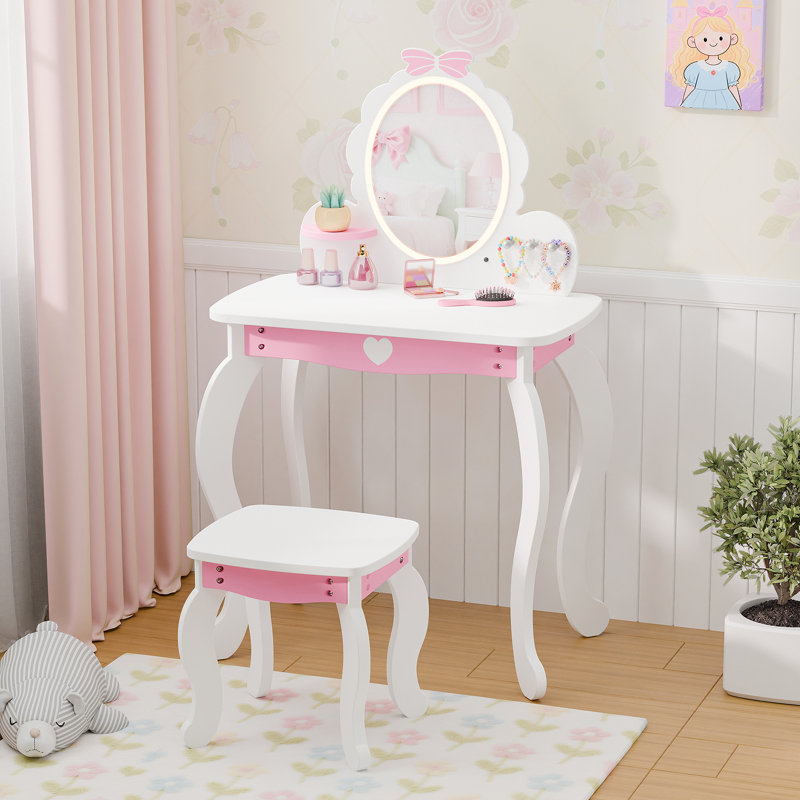 Ensemble de coiffeuse pour enfants avec miroir lumineux et tabouret, Blanc