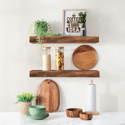 Sorbus Wood Floating Shelves for Wall - Long 24” Solid Wood Wall Shelves for Bathroom Decor, Books, Bedroom & Living Room - Set of 2. Brown