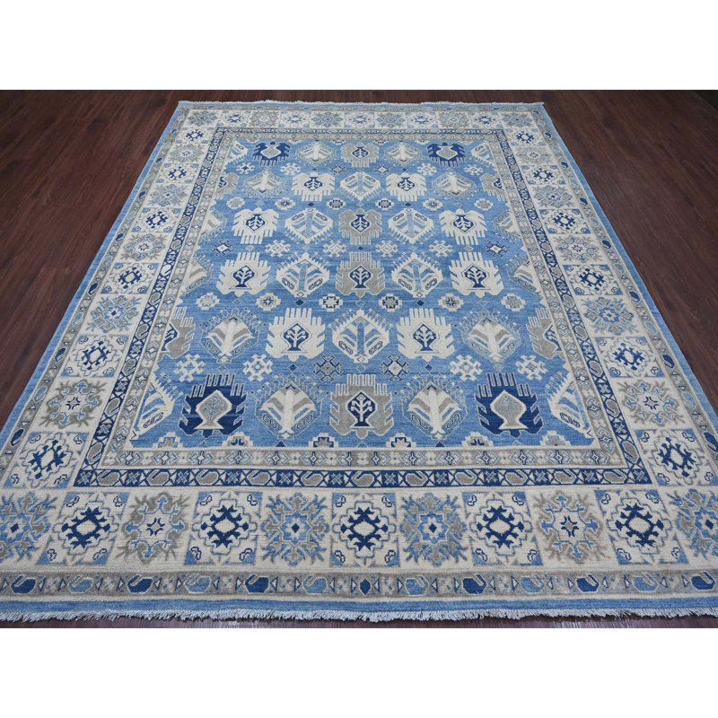 Tapis oriental noué à la main 8 pi 2 po x 9 pi 8 po, style kazak, 100% laine, teinture naturelle, style oriental, 8 pi 2 po x 9 pi 8 po