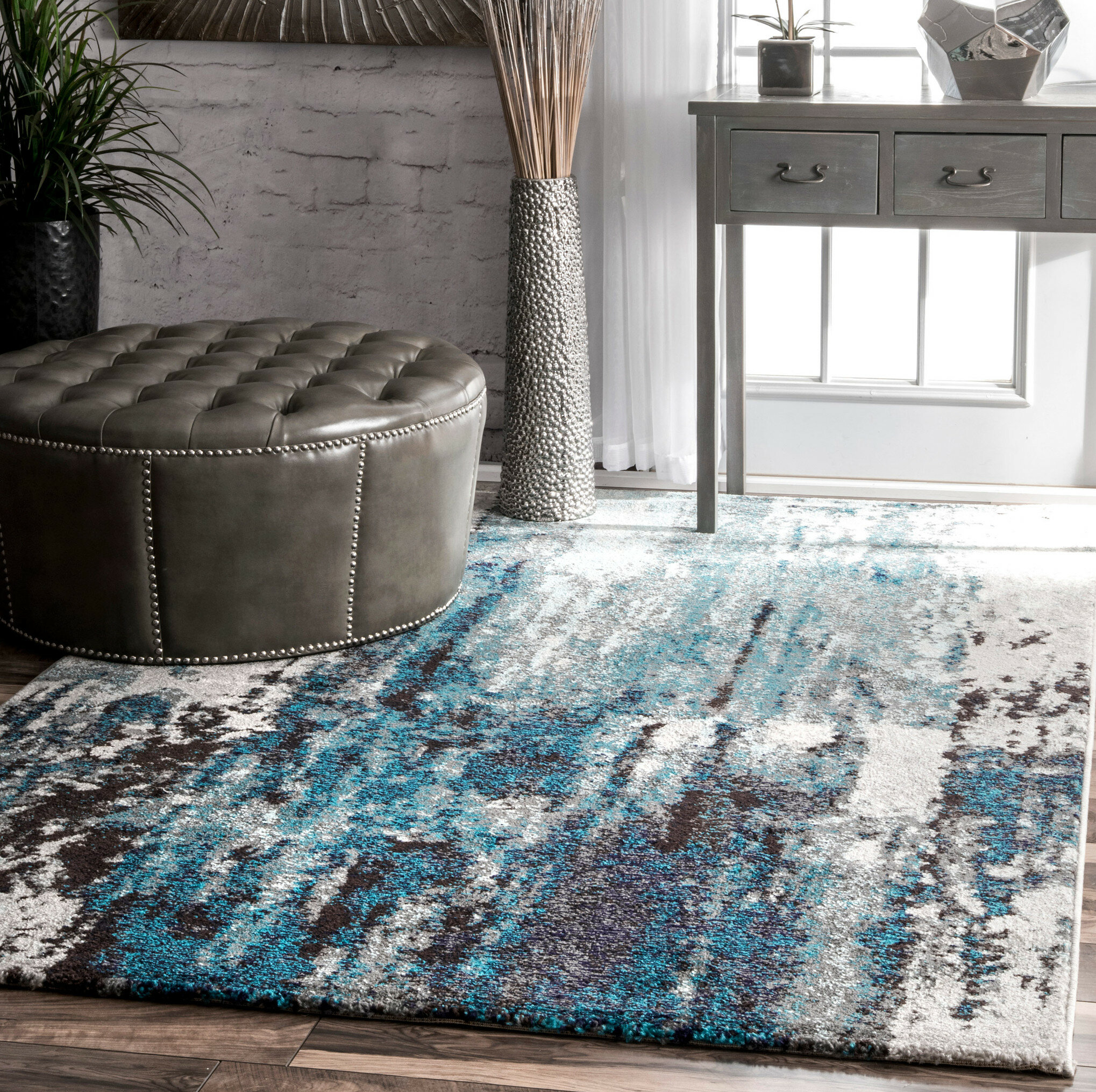 Wrought Studio Elliott Abstract Power Loom Performance Blue/Gray