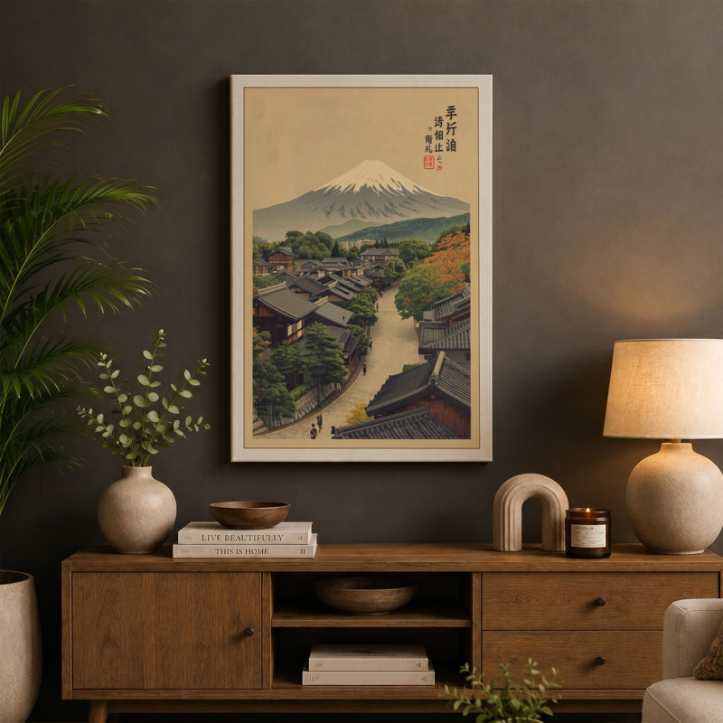 Mountain Over Settlement Japandi - Wrapped Canvas, 36x24 - 91.4 x 61.0 cm, Cream Border
