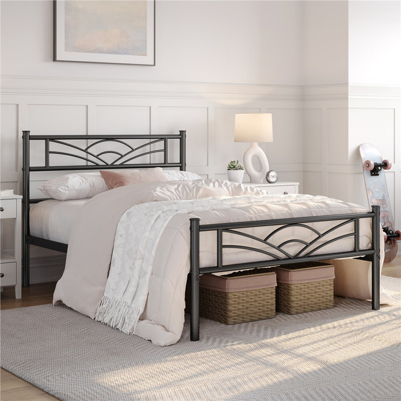 88.5cm Height Metal Bed Frame with Cloud-inspired Design Headboard, Black, Single (3')
