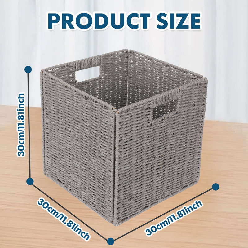 12" Collapsible Wicker Storage Baskets Storage Cubes Baskets Organizer Bins, 2 Pack, Grey