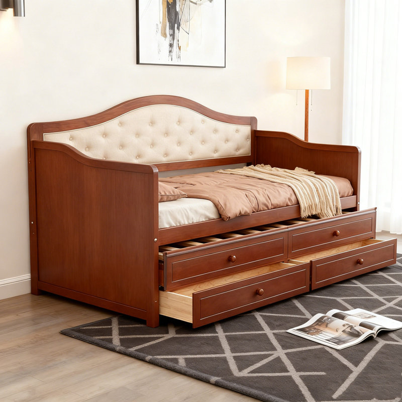 Daybed with Trundle, Twin Size Daybed with 2 Storage Drawers, Wooden Sofa Bed with Upholstered Button Tufted Backrest, Walnut