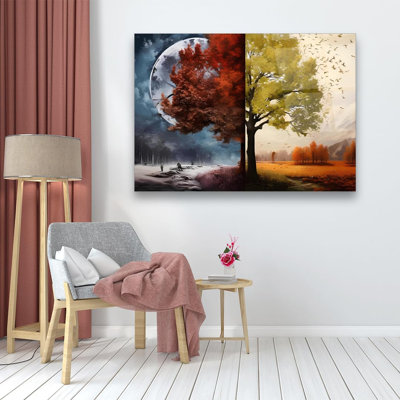 Décoration murale en verre trempé horizontal quatre saisons arbre divisé en deux, décor de nature imprimé UV, facile à installer dans la chambre à coucher, vestibule, bureau, au-dessus du lit, 43,4 po x 27,7 po