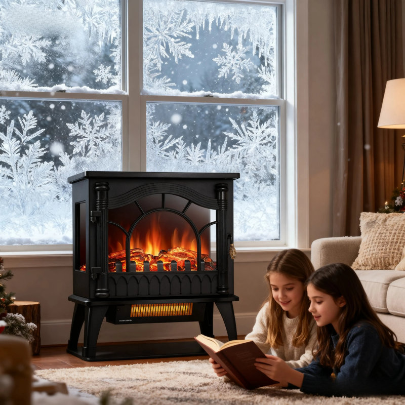 20" Black Electric Infrared Stove Heater, 3d Flame, Adjustable Brightness/heat, 1000w/1500w, Overheat Protection