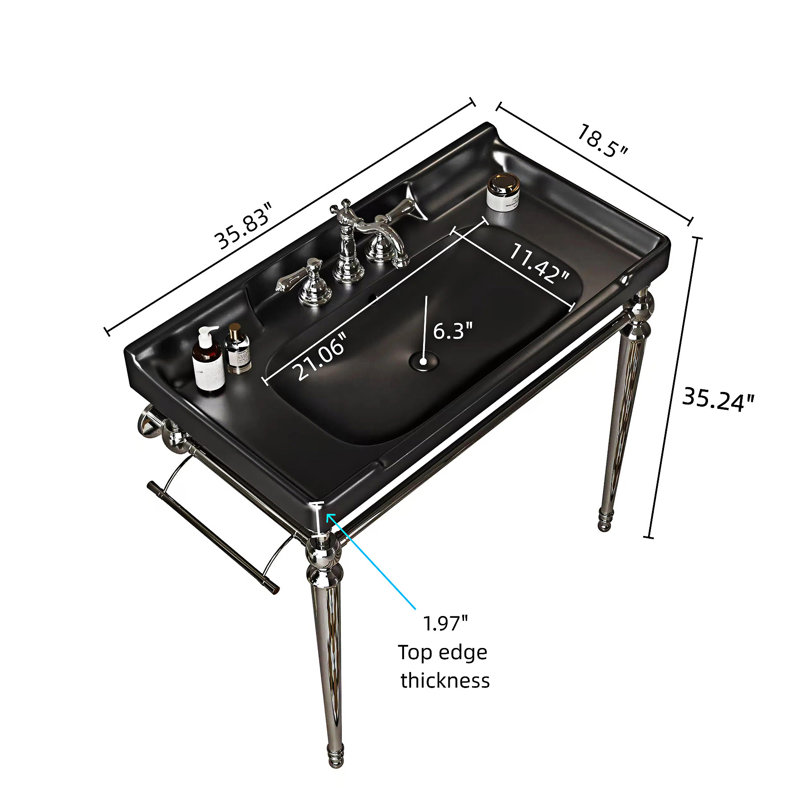 Lavabo de console de salle de bain, lavabo mural en céramique noire avec trous de robinet pré-percés, Noir, 36"