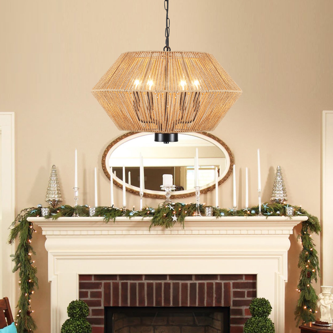 Bequette 4 - Light Dimmable Drum Chandelier Hand-woven Natural Rattan Bohemian Pendant Bay Isle Home™