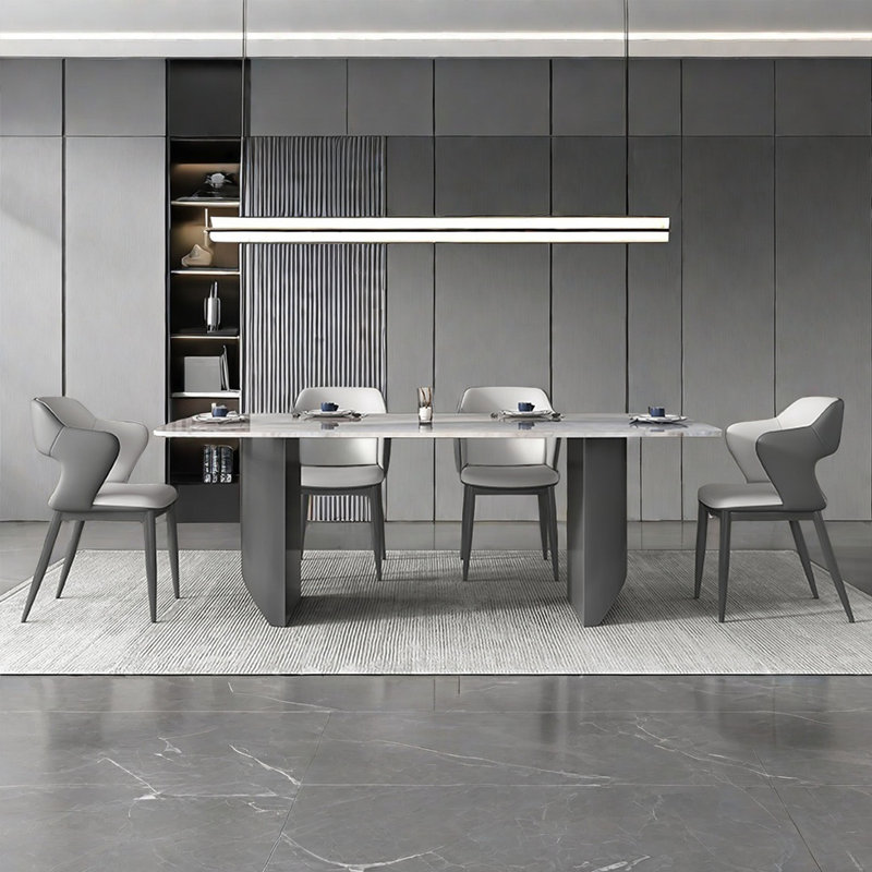 Modern Gray Microlite Rectangular Dining Table Sets, 5