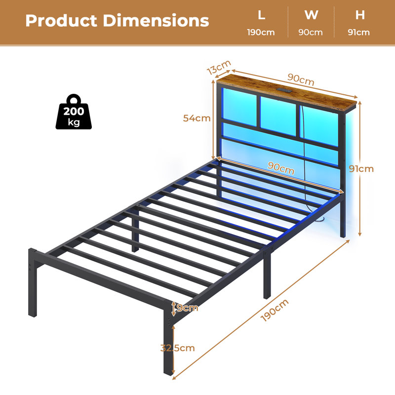 Bed Frame with Power Strip & LED Lights, Metal Platform Beds with Headboard, Stable and Sturdy, No Box Spring Needed