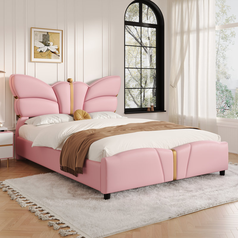 Leeandrew Butterfly-Shaped PU Leather Platform Bed With Wooden Slats, Light Pink, Full / Double