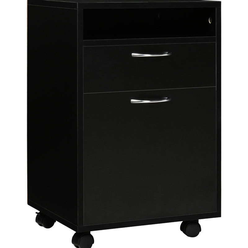 Armoire de rangement mobile noire avec tiroir et armoire, support d'imprimante. Offre amplement d'espace, se déplace facilement, s'adapte à la conception du bureau et est disponible en douceur,