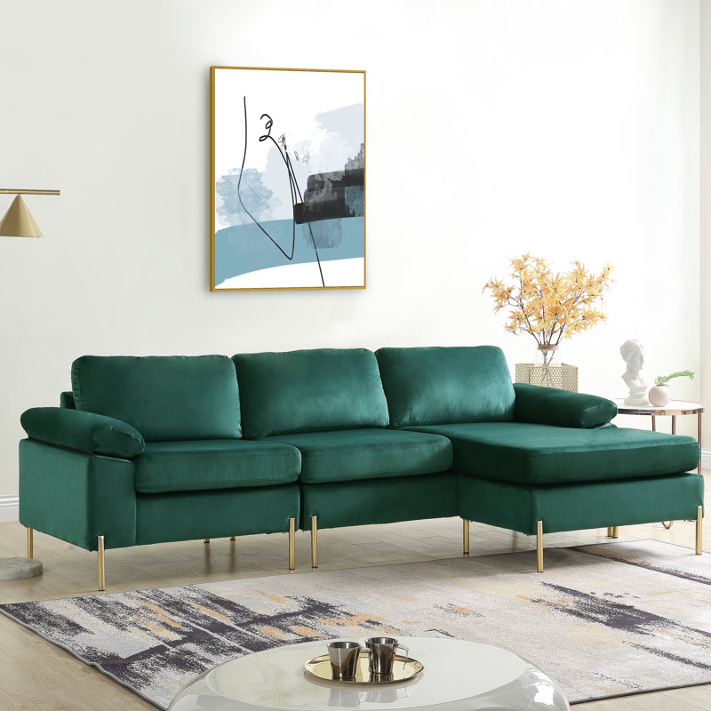 Canapé modulaire rembourré en mousse avec méridienne en velours - aspect moderne Mid-Century, structure en bois massif, pieds dorés en laiton, coussins de siège amovibles, rembourrés, modernes et en métal, conception en forme de L